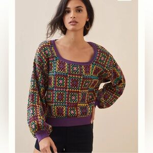 Farm Rio Anthropologie granny squares crochet sweater. NWT